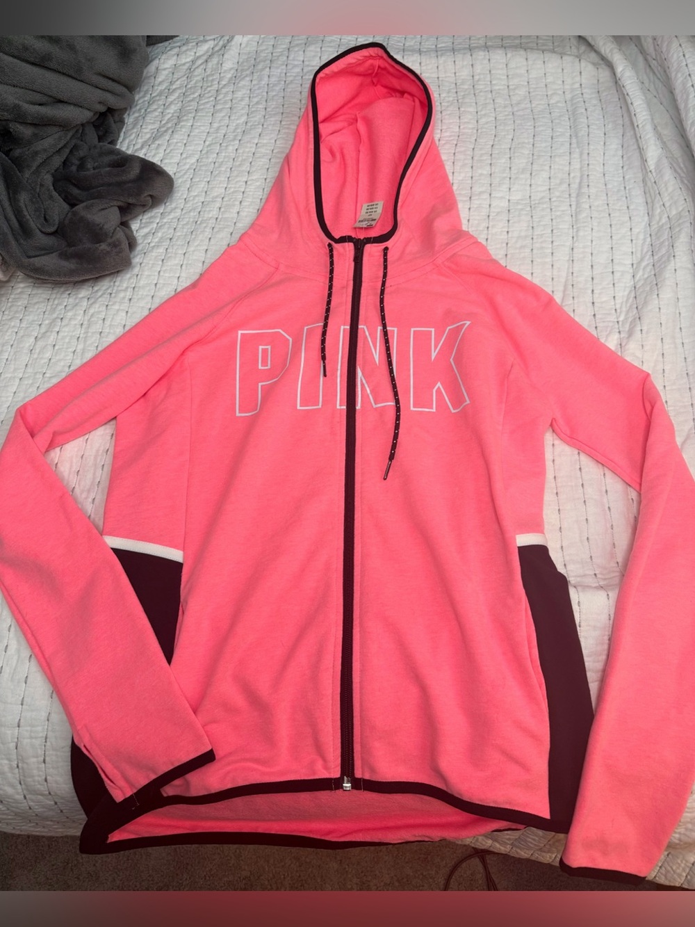 PINK Victoria's Secret Neon Pink Zip-Up Hoodie Jacket w Black Trim Thumb Holes